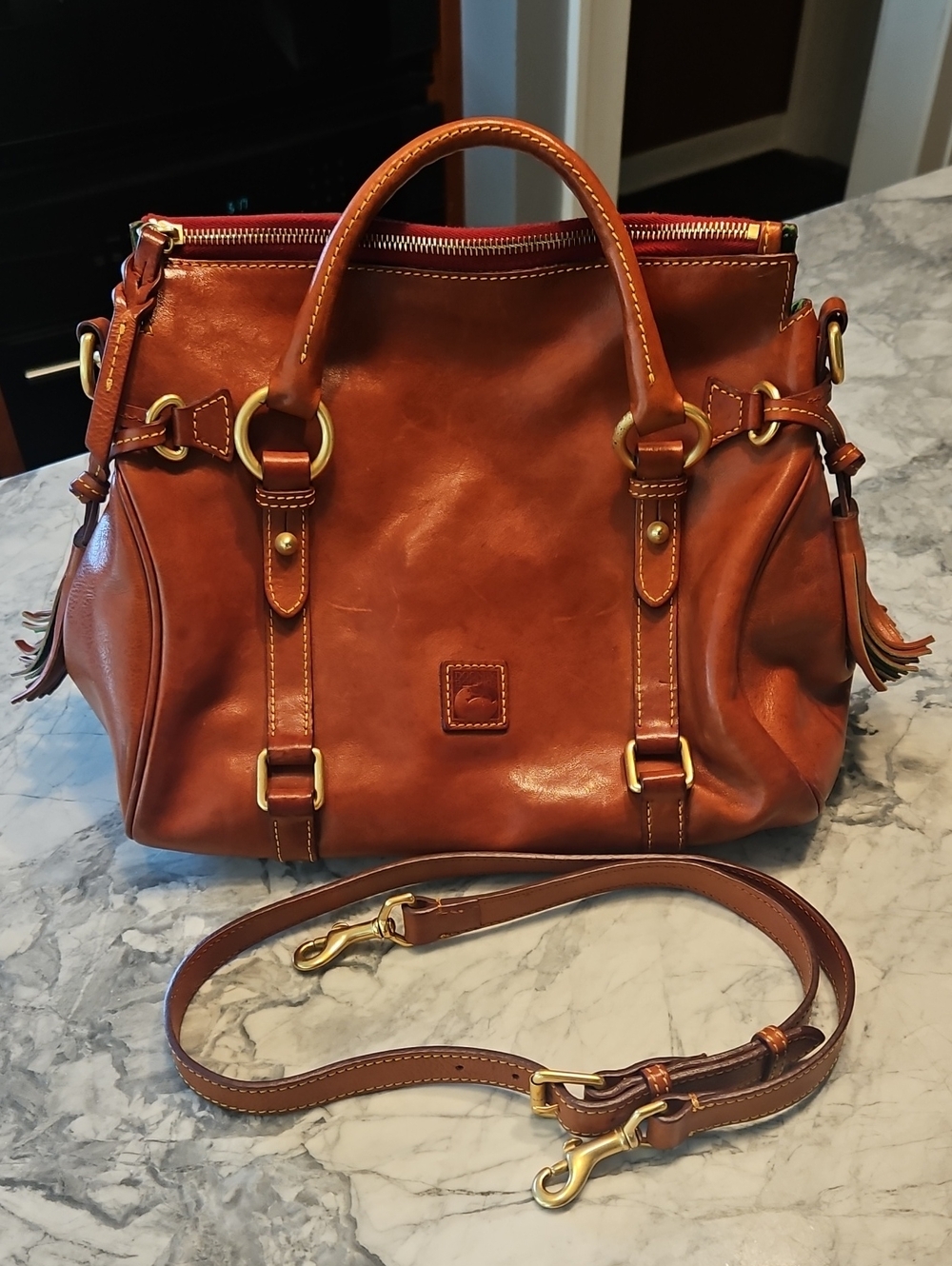 Dooney & Bourke Saddle Brown Leather Satchel with Removable Strap